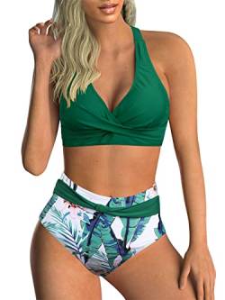 Adigaber Damen Zweiteiliger Badeanzug V Ausschnitt überkreuztes Blumenmuster Bikini Bademode Bauchkontrolle Bikini Sets 3XL Grüne Blätter von Adigaber