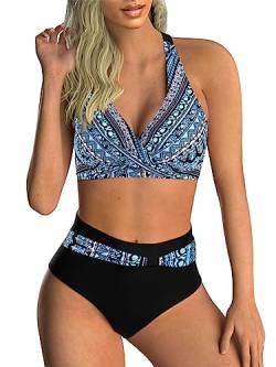 Adigaber Damen Zweiteiliger Badeanzug V Ausschnitt überkreuztes Blumenmuster Bikini Bademode Bauchkontrolle Bikini Sets M Blauer und schwarzer Druck von Adigaber