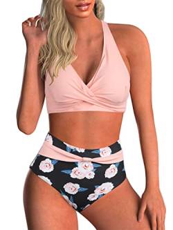 Adigaber Damen Zweiteiliger Badeanzug V Ausschnitt überkreuztes Blumenmuster Bikini Bademode Bauchkontrolle Bikini Sets M Rosa von Adigaber