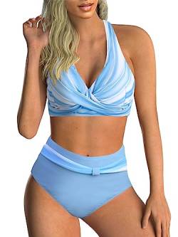 Adigaber Damen Zweiteiliger Badeanzug V Ausschnitt überkreuztes Blumenmuster Bikini Bademode Bauchkontrolle Bikini Sets S Blau + weiß gestreift von Adigaber