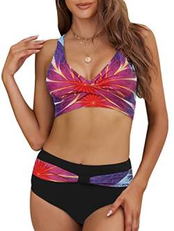 Adigaber Damen Zweiteiliger Badeanzug V Ausschnitt überkreuztes Blumenmuster Bikini Bademode Bauchkontrolle Bikini Sets S Fuchsie von Adigaber