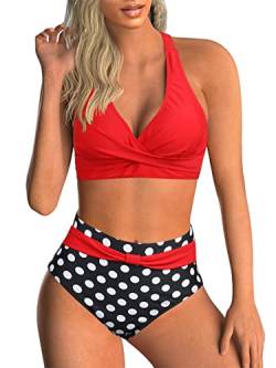 Adigaber Damen Zweiteiliger Badeanzug V Ausschnitt überkreuztes Blumenmuster Bikini Bademode Bauchkontrolle Bikini Sets S Rote + Schwarze Tupfen von Adigaber