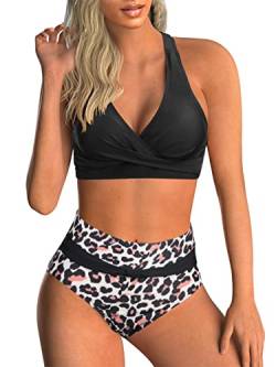 Adigaber Damen Zweiteiliger Badeanzug V Ausschnitt überkreuztes Blumenmuster Bikini Bademode Bauchkontrolle Bikini Sets XL Schwarzer Leopardendruck von Adigaber