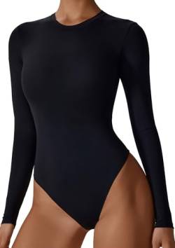 Adigau Damen Langarm Rundhals Bodysuit Unterziehbody Tanga Long Sleeve Tops Damenbody Langarmshirt Oberteil Stringbody Tops für Frauen Bauchweg Body Shaper Yoga Top Shirt Atmungsaktiv Eng von Adigau