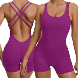 Adigau Damen Yoga Romper Jumpsuits Anzug Rückenfrei Einteiler Onepiece Gerippte Sportswear Set Sport Fahrrad Laufen Fitness Atmungsaktiv Eng Shorts von Adigau