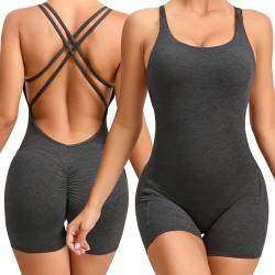 Adigau Damen Yoga Romper Jumpsuits Anzug Rückenfrei Einteiler Onepiece Gerippte Sportswear Set Sport Fahrrad Laufen Fitness Atmungsaktiv Eng Shorts von Adigau