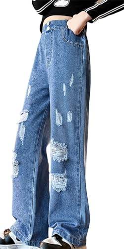 Adigau Jeans Mädchen Ripped Löche Denim Hose Baggy Cargo Hose Elastisch Hohe Taille Weitem Bein Jeans Hose Streetwear D2 11-12 Jahre von Adigau