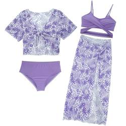 Adigau Mädchen Badeanzug Hawaii Blumen 4 Stück Bikini Set mit Cover Up und Rock Kinder Schwimmen Kostüm Surfen Bademode für 8-12Jahre UPF50+ Sommer Urlaub tropisch Strand von Adigau