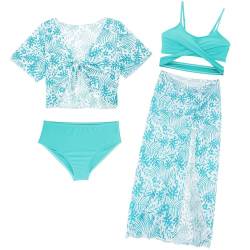 Adigau Mädchen Badeanzug Hawaii Blumen 4 Stück Bikini Set mit Cover Up und Rock Kinder Schwimmen Kostüm Surfen Bademode für 8-12Jahre UPF50+ Sommer Urlaub tropisch Strand von Adigau