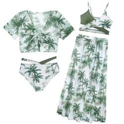 Adigau Mädchen Badeanzug Hawaii Blumen 4 Stück Bikini Set mit Cover Up und Rock Kinder Schwimmen Kostüm Surfen Bademode für 8-12Jahre UPF50+ Sommer Urlaub tropisch Strand von Adigau