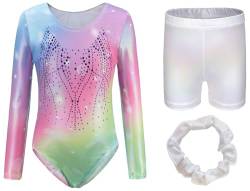 Adigau Mädchen Turnanzug Turnshorts Haarband Set Langarm Ballettbody mit Sport Shorts Ballettanzug Turnbody Sport Trikotanzug Gymnastik Trikot Leotards B2 7-8 Jahre von Adigau