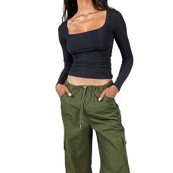 Adisputent Damen Bauchfrei Oberteile Langarm Crop Top mit Eckigem Ausschnitt T-Shirt Casual Sexy Y2K Tops Slim Fit Langarmshirts Langarmtops Pullover Lässig T-Shirts P Schwarz M von Adisputent