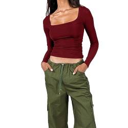 Adisputent Damen Bauchfrei Oberteile Langarm Crop Top mit Eckigem Ausschnitt T-Shirt Casual Sexy Y2K Tops Slim Fit Langarmshirts Langarmtops Pullover Lässig T-Shirts P Weinrot S von Adisputent