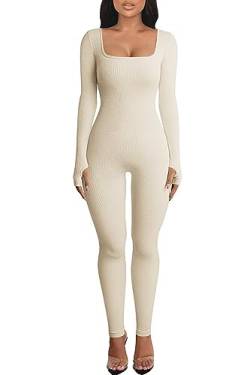 Adisputent Damen Jumpsuit Lang Sport Yoga Eng Bodysuit Gerippter One Piece Bodycon Overall Playsuits Slim Fit Strampler Sportanzug Kuschelig Sexy Stretch Ripped Sportkleidung Beige L von Adisputent