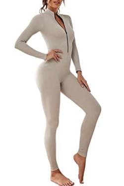 Adisputent Damen Sport Jumpsuit Lang Eng Yoga Bodysuit Overall mit Reißverschluss V-Ausschnitt Playsuits Bodycon Strampler Sportanzug Jogginganzug Slim Fit Kuschelig Trainingsanzug Sliber S von Adisputent