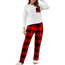 Adisputent Fleece Schlafanzug Damen Zweiteiliger Verdickt Warm Flanell Langarm Pyjama Set Plüsch Nachtwäsche Herbst Winter Sleepwear Kuschelig Loungewear Rundhals Hausanzug A-Rot1 M von Adisputent