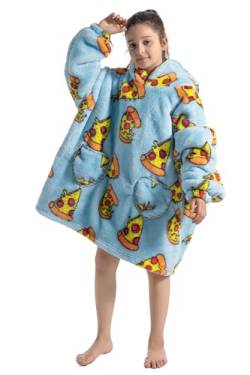Adisputent Hoodie Decke Kinder Unisex Übergroße Hoodie Sweatshirt Weich Warm Kapuzenpullover Poncho TV-Decke mit Größer Tasche für Jungen Mädchen Pizza von Adisputent