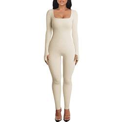 Adisputent Sport Jumpsuit Damen Lang Eng Yoga Bodysuit Overall mit Quadratischer Kragen Playsuits Langarm Bodycon Strampler Sportanzug Jogginganzug Slim Fit Kuschelig Onesie A1-Beige S von Adisputent