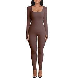 Adisputent Sport Jumpsuit Damen Lang Eng Yoga Bodysuit Overall mit Quadratischer Kragen Playsuits Langarm Bodycon Strampler Sportanzug Jogginganzug Slim Fit Kuschelig Onesie A1-braun L von Adisputent