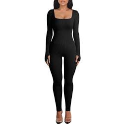 Adisputent Sport Jumpsuit Damen Lang Eng Yoga Bodysuit Overall mit Quadratischer Kragen Playsuits Langarm Bodycon Strampler Sportanzug Jogginganzug Slim Fit Kuschelig Onesie A1-schwarz M von Adisputent