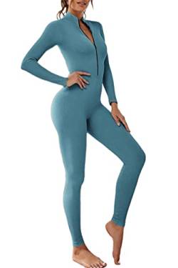 Adisputent Sport Jumpsuit Damen Lang Eng Yoga Bodysuit Overall mit Reißverschluss Playsuits Langarm Bodycon Strampler Sportanzug Yoga Jogginganzug Slim Fit Kuschelig Onesie A Blau XL von Adisputent