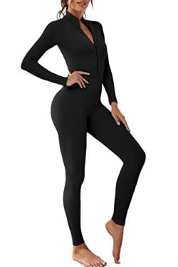 Adisputent Sport Jumpsuit Damen Lang Eng Yoga Bodysuit Overall mit Reißverschluss Playsuits Langarm Bodycon Strampler Sportanzug Yoga Jogginganzug Slim Fit Kuschelig Onesie Schwarz S von Adisputent