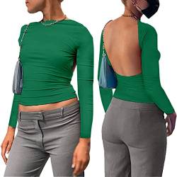 Damen Rückenfreies Top Shirts Sexy Y2K Langarm Slim Fit Crop Tops Cut Out Oberteile Front Back Reversible Cropped Tee Backless T-Shirt Streetwear Langarm-Dunkelgrün M von Adisputent