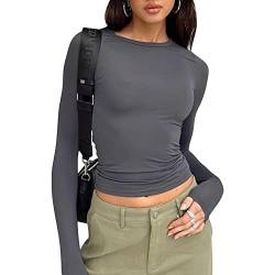 Damen Y2K Top T-Shirt Langarm Crop Top Slim Falten Oberteil Cropped Bluse Cropped Tee Shirts Teenage Aesthetic Mädchen Langarmshirt Streetwea N-Langarm-Grau M von Adisputent