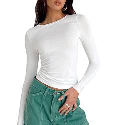 Damen Y2K Top T-Shirt Langarm Crop Top Slim Falten Oberteil Cropped Bluse Cropped Tee Shirts Teenage Aesthetic Mädchen Langarmshirt Streetwea N-Langarm-Weiss S von Adisputent