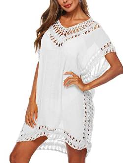 Strandkleid Damen Sommerkleid V-Ausschnitt Sexy Oversize Boho Minikleid Spitze Strandponcho Sommer T-Shirt Bademode Badeanzug Bikini Cover Up Typ8-Weiß Einheitsgröße von Adisputent