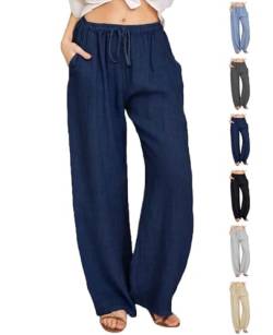 Women's Cotton Linen Trousers,with Pockets Loose Lounge Pants, Casual Elegant Elastic Pants, Loose Straight Leg Pants, High Waist Elastic Drawstring Trousers (Navy,S) von Adius