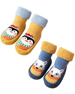 Adorel Baby Hüttenschuhe Antirutsch Gefüttert ABS Socken Stoppersocken 2 Paar Blau Fuchs Gelb Pinguin 22-23 EU (Herstellergröße 14) von Adorel