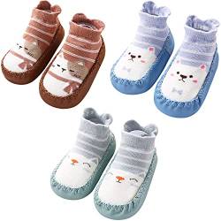 Adorel Baby Hüttenschuhe Baumwolle Rutschfest ABS Socken Stoppersocken 3er-Pack Hellgrün & Blau & Braun 18-24 Monate (Herstellergröße 14) von Adorel