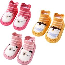 Adorel Baby Hüttenschuhe Baumwolle Rutschfest ABS Socken Stoppersocken 3er-Pack Rot & Rosa & Gelb 18-24 Monate (Herstellergröße 14) von Adorel