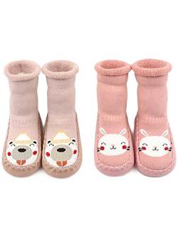 Adorel Baby Hüttenschuhe Gefüttert Frottee Anti-Rutsch Winter Socken 2 Paar Häschen & Bärchen 17-19 (Herstellergröße 12) von Adorel