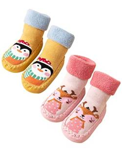 Adorel Baby Hüttenschuhe Gefüttert Frottee Anti-Rutsch Winter Socken 2 Paar Rosa Hirsch & Gelb Pinguin 17-19 (Herstellergröße 12) von Adorel