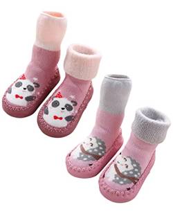 Adorel Baby Hüttenschuhe Gefüttert Frottee Anti-Rutsch Winter Socken 2 Paar Rosa Igel & Panda 22-23 (Herstellergröße 14) von Adorel