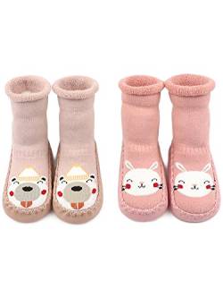 Adorel Baby Hüttenschuhe Gefüttert Socken Anti-Rutsch 2 Paar Pink Häschen & Bärchen 25 (Herstellergröße 16) von Adorel