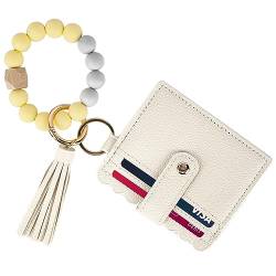 Adorila Armband Schlüsselanhänger Brieftasche, Kartenhalter Brieftasche Silikon Perlen Schlüsselanhänger, Kreditkarte Tasche Schlüsselanhänger für Frauen, Beige von Adorila