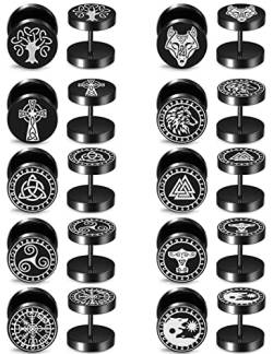 ADRAMATA 10 Paare Ohrringe Schwarz Edelstahl 10mm Vikings Ohrstecker Helix Piercings Fake Plug Ohrstecker Wikinger Ohrringe Set Männer Mädchen Damen von Adramata