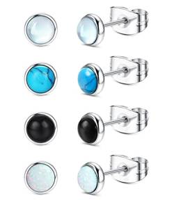 ADRAMATA 4 Paar Edelstahl Ohrstecker Mondstein Ohrringe Türkis-Ohrringe Opal Ohrstecker Schwarzer Onyx Ohrstecker für Damen von Adramata