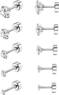 ADRAMATA 5 Paar 316L Edelstahl CZ Ohrringe für Damen Herren Knorpel Helix Ohrstecker Piercing Runde Zirkonia Kugelschraube Ohrring Barbell Flat Back Ohrringe von Adramata