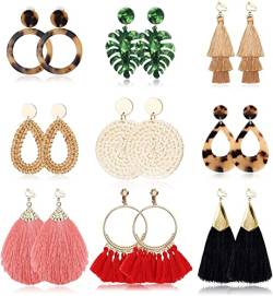 ADRAMATA 9 Paar Böhmische Earring für Frauen Clip Ohrringe Acryl Ohrringe Rattan Ohrringe Clips Geometrische Quaste Creolen Strandohrringe Nicht Durchbohrter Schmuck von Adramata