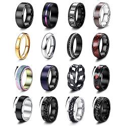 Adramata 16 Stück Ringe Herren Edelstahl Ringe Set Angstringe Coole Band Ringe Anxiety Ringe Silber Schwarze Ring für Männer Spinner Ring Fidget Ring für Anti Stress von Adramata