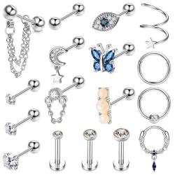 Adramata 17 Stück Helix Piercing Tragus Piercing Edelstahl Opal Evil Eye Schmetterling CZ Ohrstecker Knorpel Ohrringe Schmuck Set Conch Tragus Helix Piercing Ohr für Damen, 16G,S von Adramata