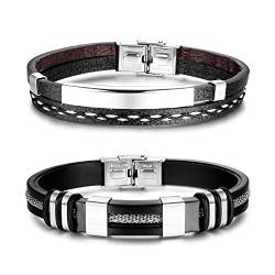 Adramata 2Pcs Armband Herren Personalisiert Lederarmband Herren Armband Silikon Schwarz Edelstahl Verstellbar Armreif Manschette Armband Herren Schmuck Geschenk von Adramata