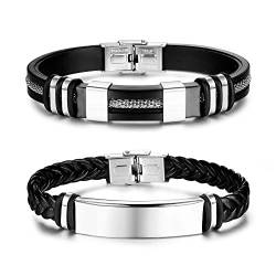 Adramata 2Pcs Armband Herren Personalisiert Lederarmband Herren Armband Silikon Schwarz Edelstahl Verstellbar Armreif Manschette Armband Herren Schmuck Geschenk von Adramata