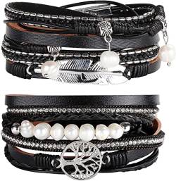 Adramata 2Pcs Boho Leder Wrap Cuff Armband Damen Frauen Mädchen Multilayer Baum des Lebens Armband Magnetschnalle Armband Armreif Schmuck für Mutter Freunde von Adramata