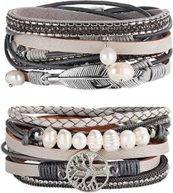 Adramata 2Pcs Boho Leder Wrap Cuff Armband Damen Frauen Mädchen Multilayer Baum des Lebens Armband Magnetschnalle Armband Armreif Schmuck für Mutter Freunde von Adramata