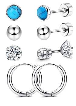 Adramata 4 Paar G23 Titan Ohrringe für Damen Herren Hypoallergene Ohrringe CZ Klein Ohrstecker Türkis Opal Ohrringe Titan Ohrstecker Set Silber Ohrringe Creolen Tragus Helix Piercing Schmuck von Adramata